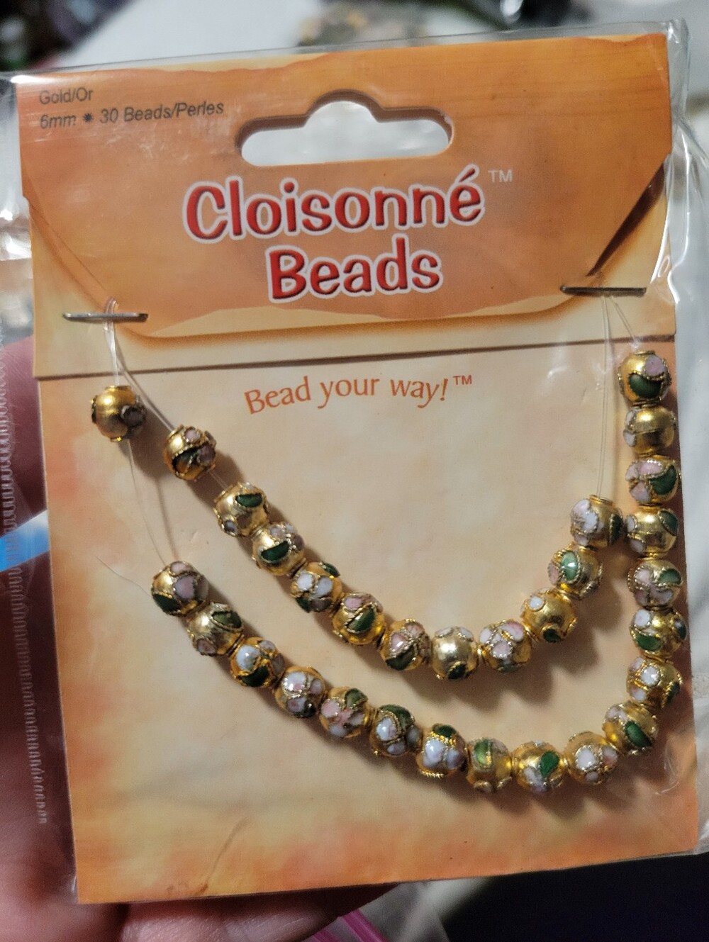 Cloisonné Floral Bead Strand - Shiny Gold Tone Multicolor, 6mm, NWT